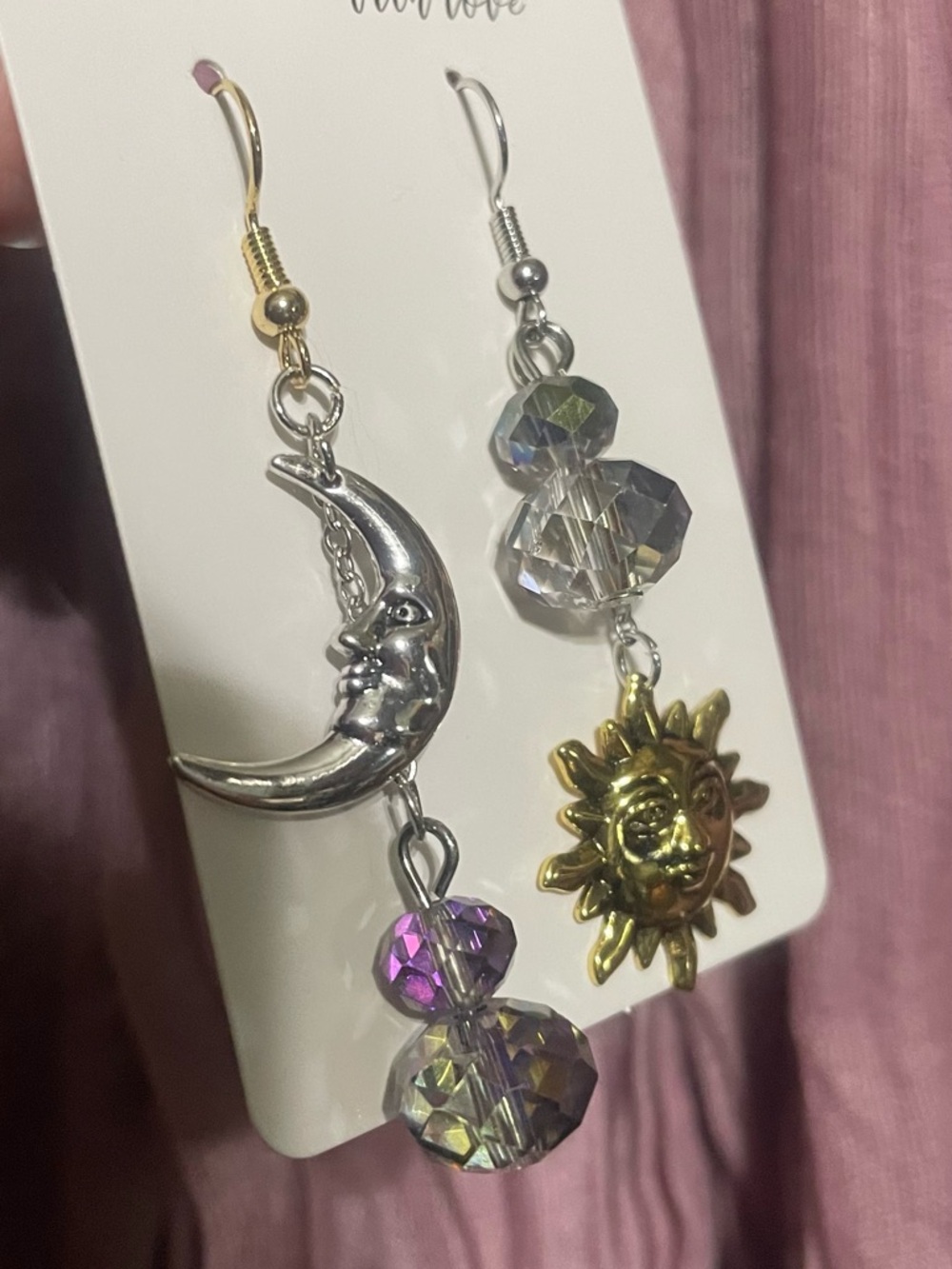 ❌❌SOLD❌❌Hand Crafted Gold Sun & Silver Moon Asymmetrical Dangle Earrings - Picture 5 of 7